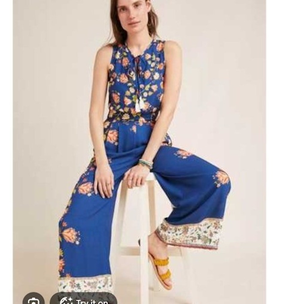 Farm Rio Anthropologie Floral Wide Leg Jumpsuit Blue XS New Boho Viscose